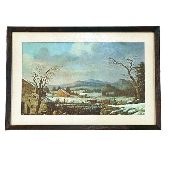 2 VTG Currier Ives Framed Prints Village Blacksmith - Old Grist Mill 15x10.5 In - Picture 4 of 13